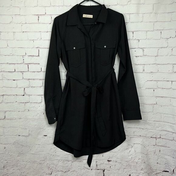 Abercrombie Fitch Dress Womens Small Long Sleeve Belted Snap Button Pocket Black - Picture 1 of 12